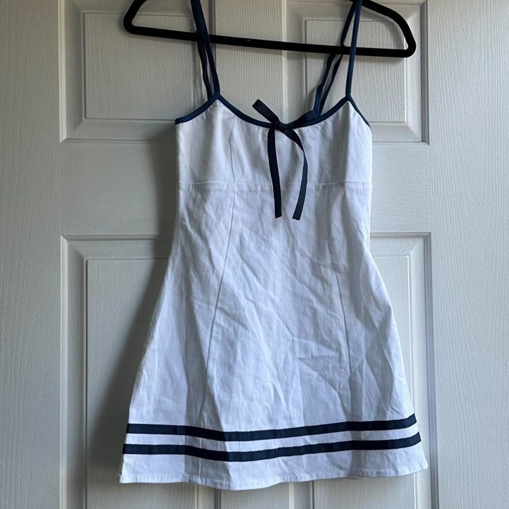 White Dress with Navy Stripes